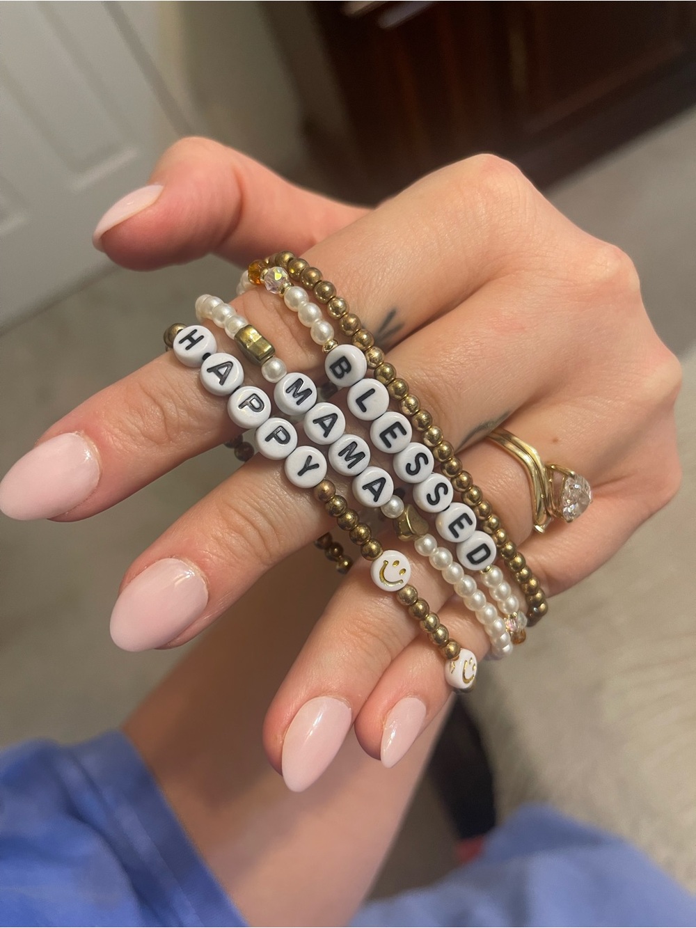 Handmade "Blessed Mama" Beaded Bracelet Stack in Gold and White